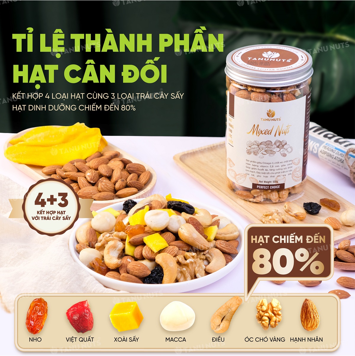 Hạt dinh dưỡng mix 7 loại TANU NUTS hũ 500g/350g, hạt ngũ cốc bà bầu gồm macca, óc chó, hạnh nhân, điều, nho, xoài, việt quất