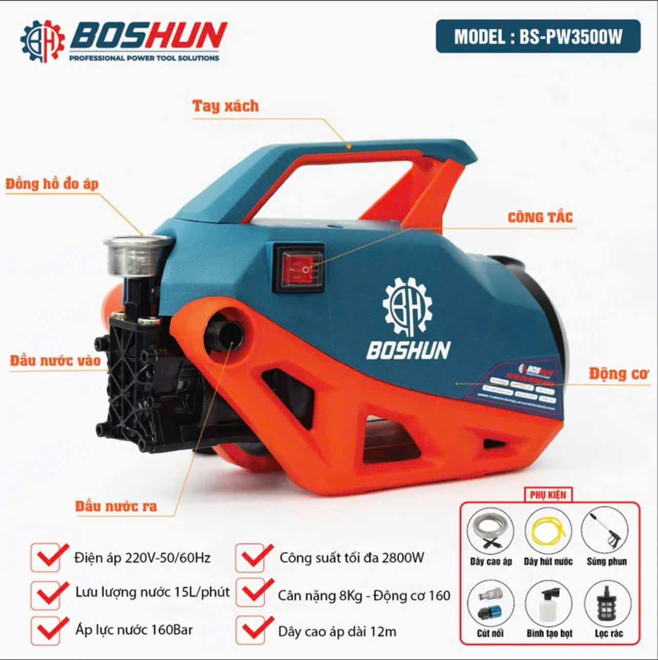 Máy rửa xe BOSHUN 2800W , Máy rửa xe Gia đình, máy rửa Xe Mini Chih Hãg Modell 2025