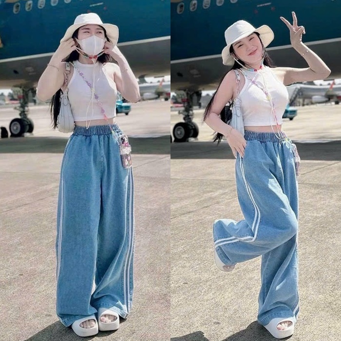 SET QUẦN JEANS ỐNG RỘNG LƯNG THUN CAO DÀI DENIM + ÁO THUN 3 LỖ TRẮNG TRƠN CƠ BẢN BASIC DẠO PHỐ ĐI CHƠI ĐI BIỂN ĐI TIỆC
