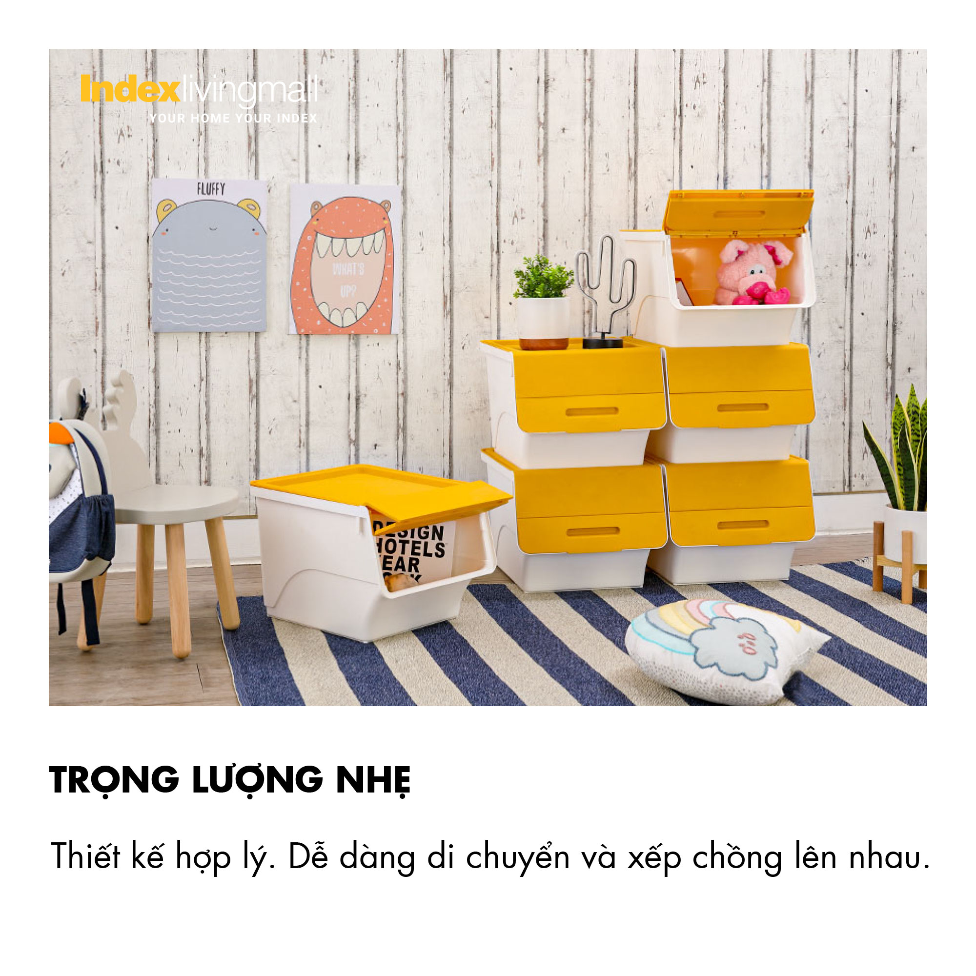 Thùng lưu trữ đa năng 34 lít OTELLO chất liệu nhựa PP trắng, nắp vàng, kích thước 45x38x31cm | Index Living Mall | Nhập khẩu Thái Lan