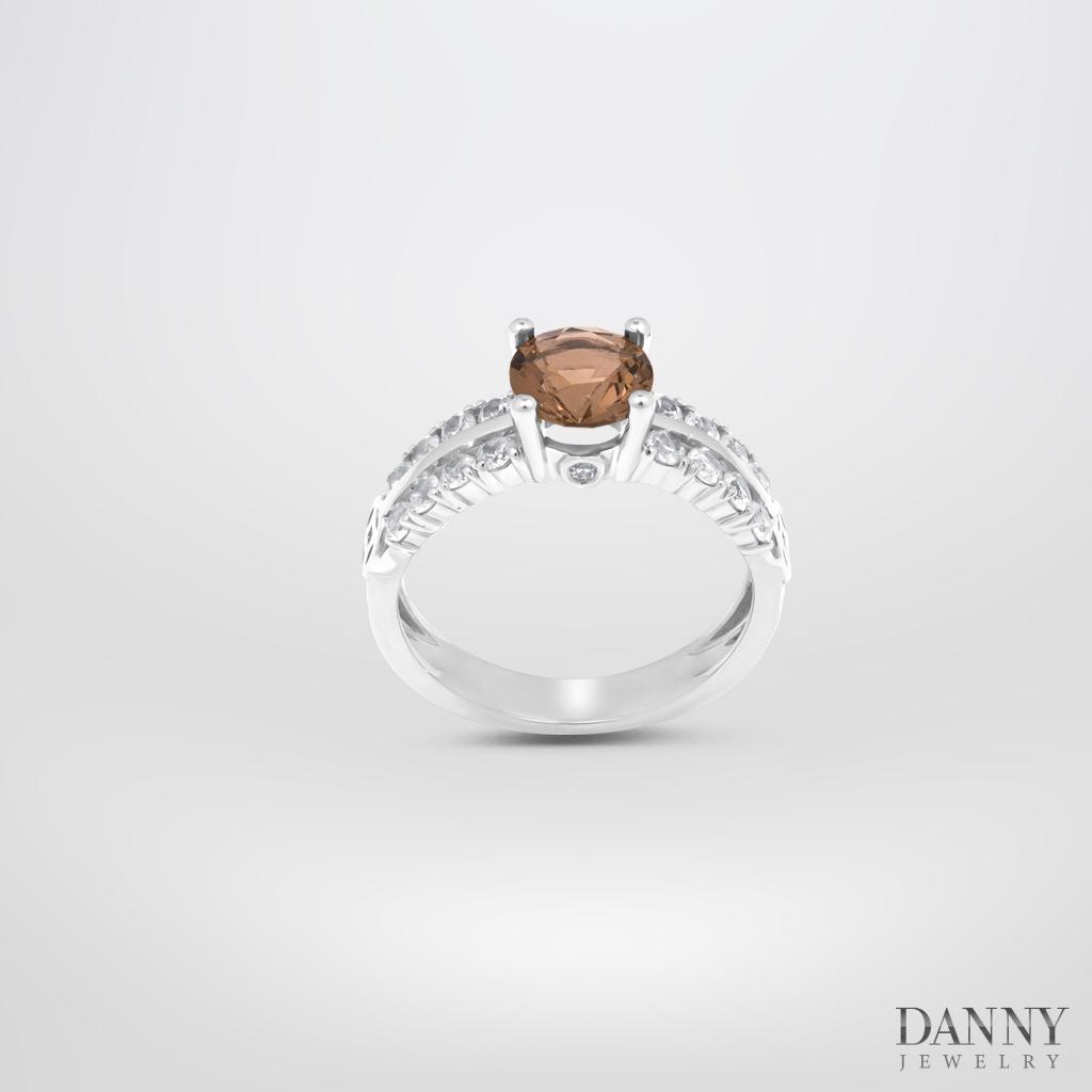 Nhẫn Danny Jewelry Bạc 925 Xi Rhodium Đá Smoky Quartz Viền CZ N0105
