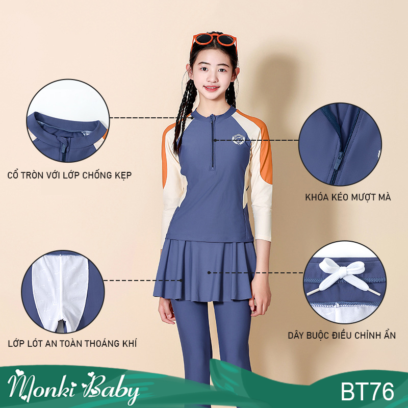 Đồ bơi kín chống nắng toàn thân cho bé gái tuổi teen, đủ size cỡ vừa &amp; lớn, chất đẹp dày mịn mát co giãn cao, thiết kế thời trang, phù hợp với tuổi học sinh trung học | BT76
