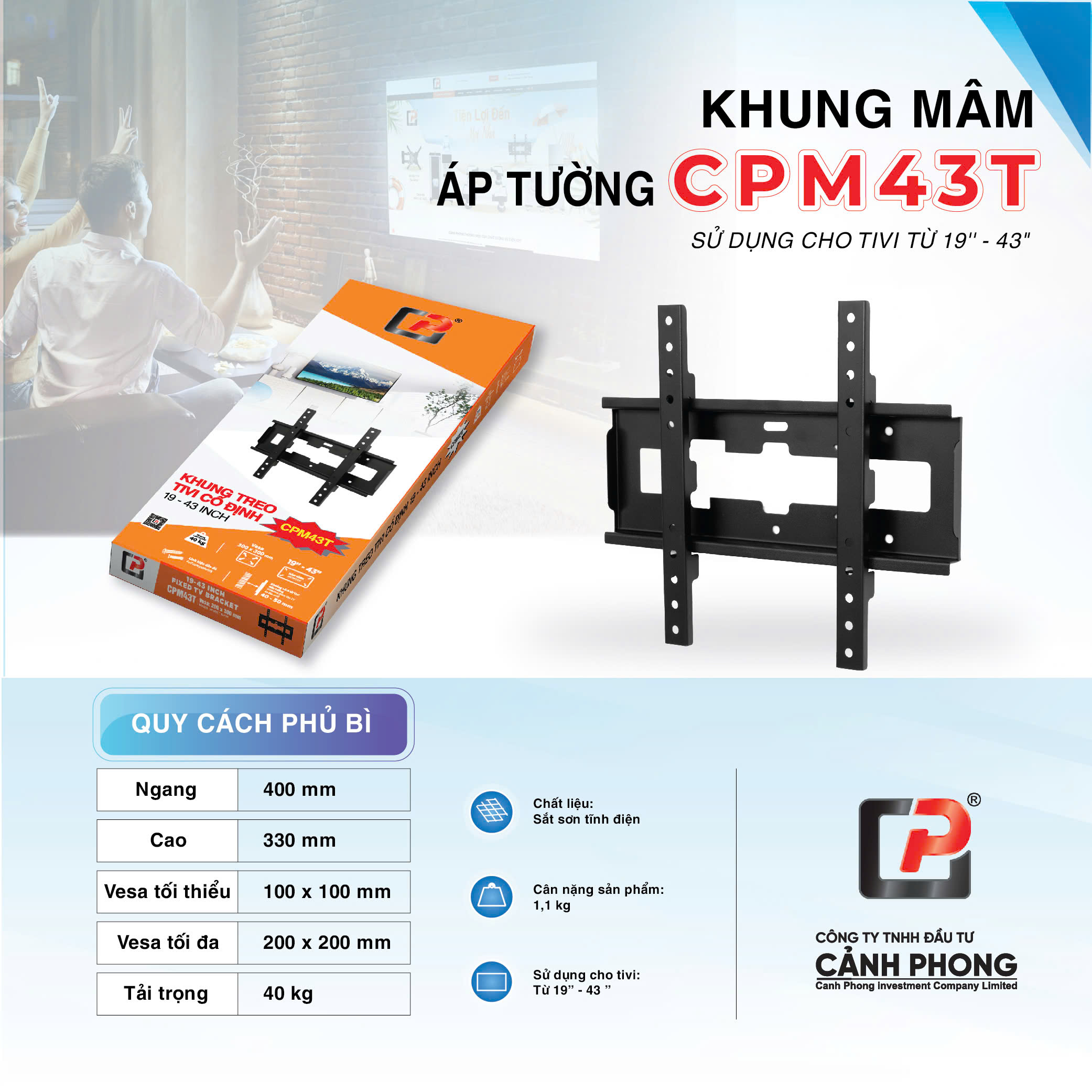 Khung Treo Cao Cấp Tivi LCD-LED-PLASMA Áp Tường Cao Cấp M43T 19 - 42 Inch Đen - Hàng Chính Hãng