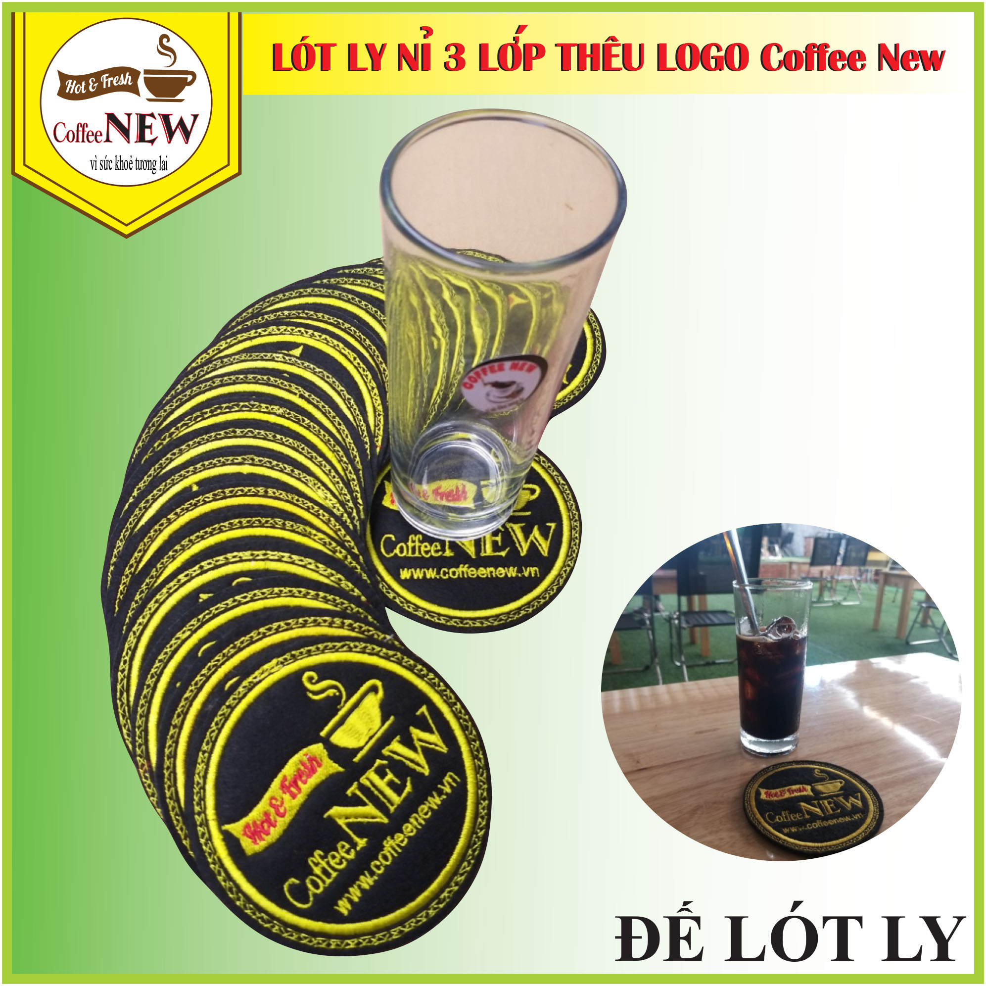 COMBO 10 Cái Đế Lót Ly (Nỉ 3 Lớp Cao Cấp) Thêu Logo Nổi Coffee New - Đường kính 9cm - Thấm nước nhanh - Nhỏ, gọn, Đẹp_Coffee New