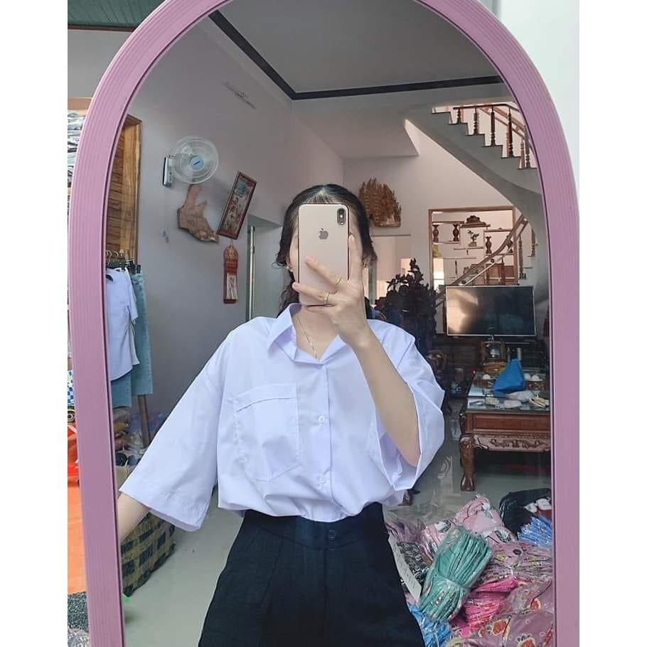 Áo sơ mi nữ tay lỡ có túi from ulzzang rộng các tính Áo sơ mi quốc dân đi học siu xinh
