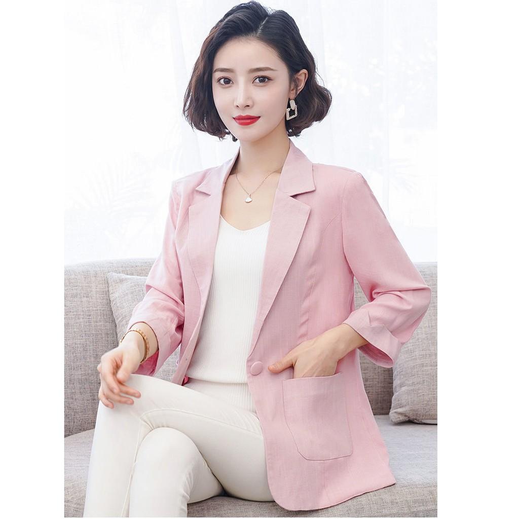 Áo vest blazer nữ Linen demi tay lỡ trẻ trung, thời trang hè thu 2021