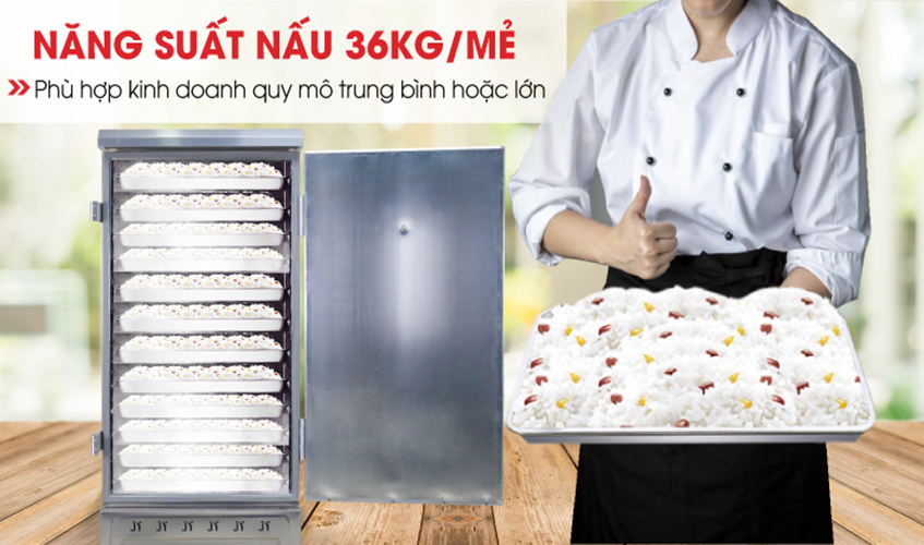 Tủ Nấu Cơm 36 Kg Gạo/ Mẻ Bằng Gas 12 Khay Nhập Khẩu NEWSUN - Hàng Chính Hãng