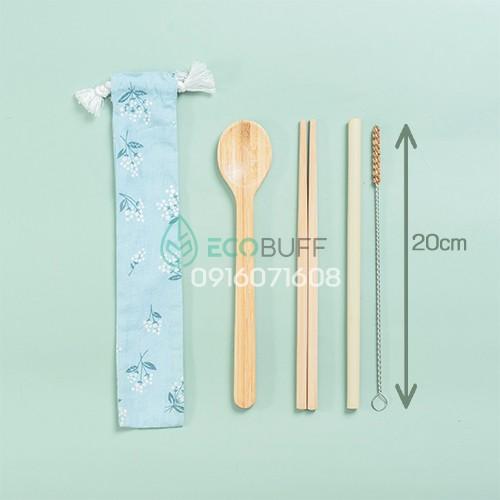 Set thìa đũa ống hút gỗ tre Ecobuff tái sử dụng kèm túi vải thân thiện với môi trường phân huỷ sinh học - Made in Vietna