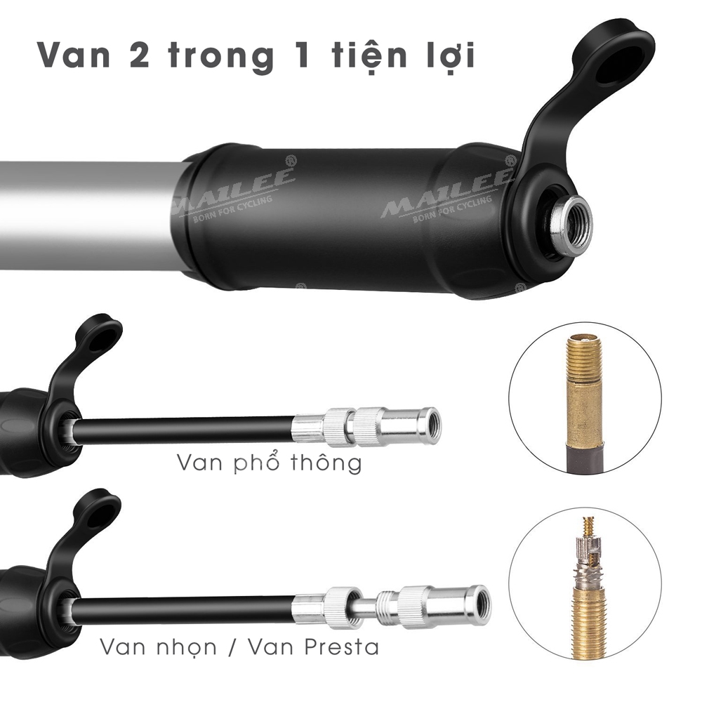 Hình ảnh Bơm xe đạp mini di động BM-2218 kèm pad gắn vào khung xe, vỏ nhôm, 2 đầu van 120 Psi kèm phụ kiện - Mai Lee