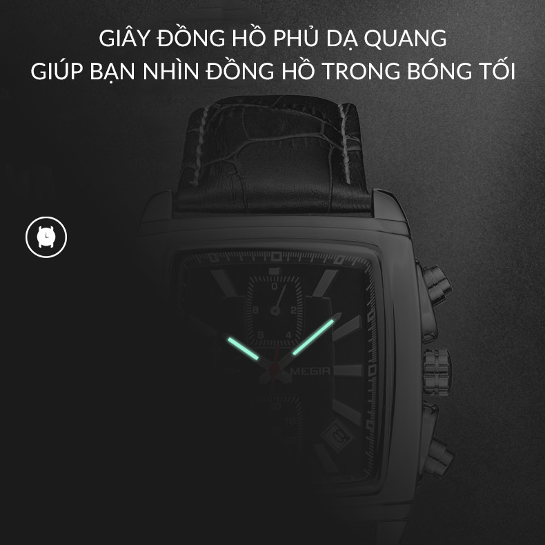 Đồng hồ đeo tay dây da mặt kính sapphire MEGIR 2028 6 kim chronograph có lịch