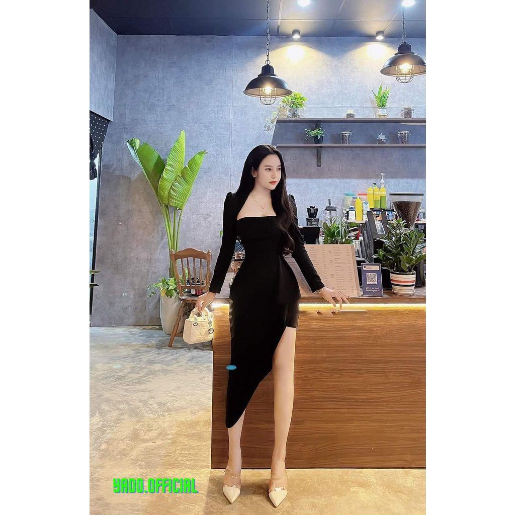FREESHIP Đầm cổ vuông xẻ tà váy xẻ tà tay dài phối bèo siêu sang chảnh dành cho các nàng yêu dự tiệc KIMGIA DS