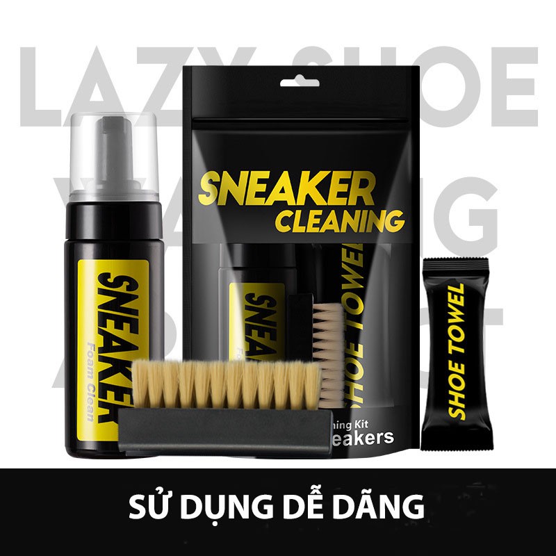 Bộ Vệ Sinh Giày Dép Làm Sạch Chuyên Sâu Giặt Giày gồm 1 bình xịt tạo bọt dung tích 150ml, 1 khăn mềm, 1 bàn chải mềm