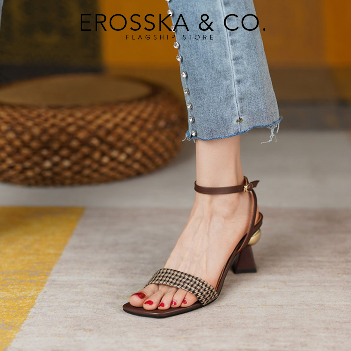 Erosska - Sandal cao gót mũi hở đế vuông phối dây quai mảnh cao 7cm - EB055