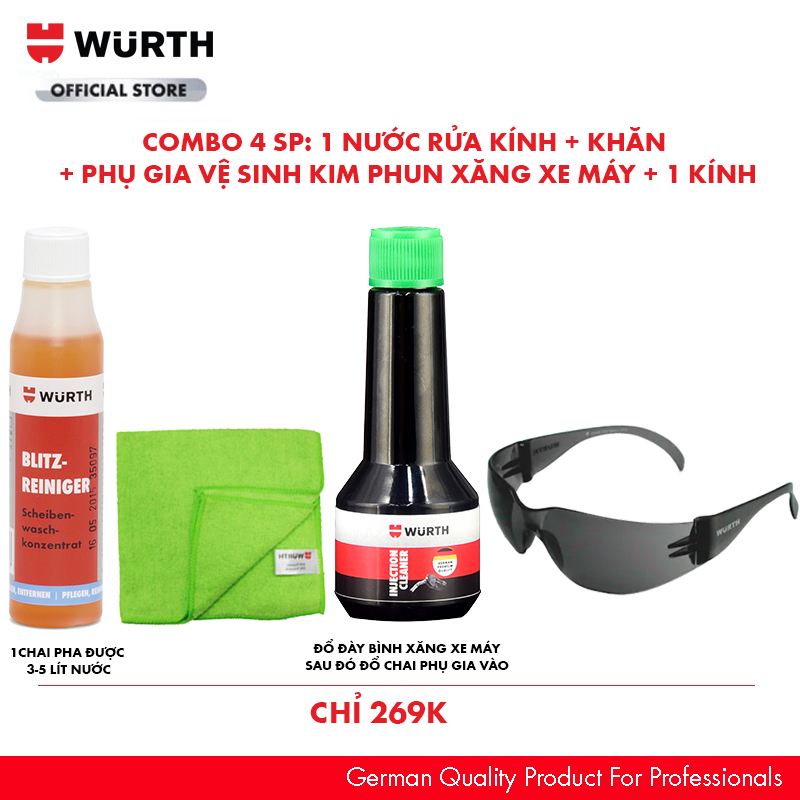 Combo Wurth 1 Nước Rửa Kính Tiện Dụng 1 Khăn 1 Phụ Gia Vệ Sinh Kim Phun Xe Máy Và 1 Kính Bảo Hộ Đen Siêu Tiết Kiệm