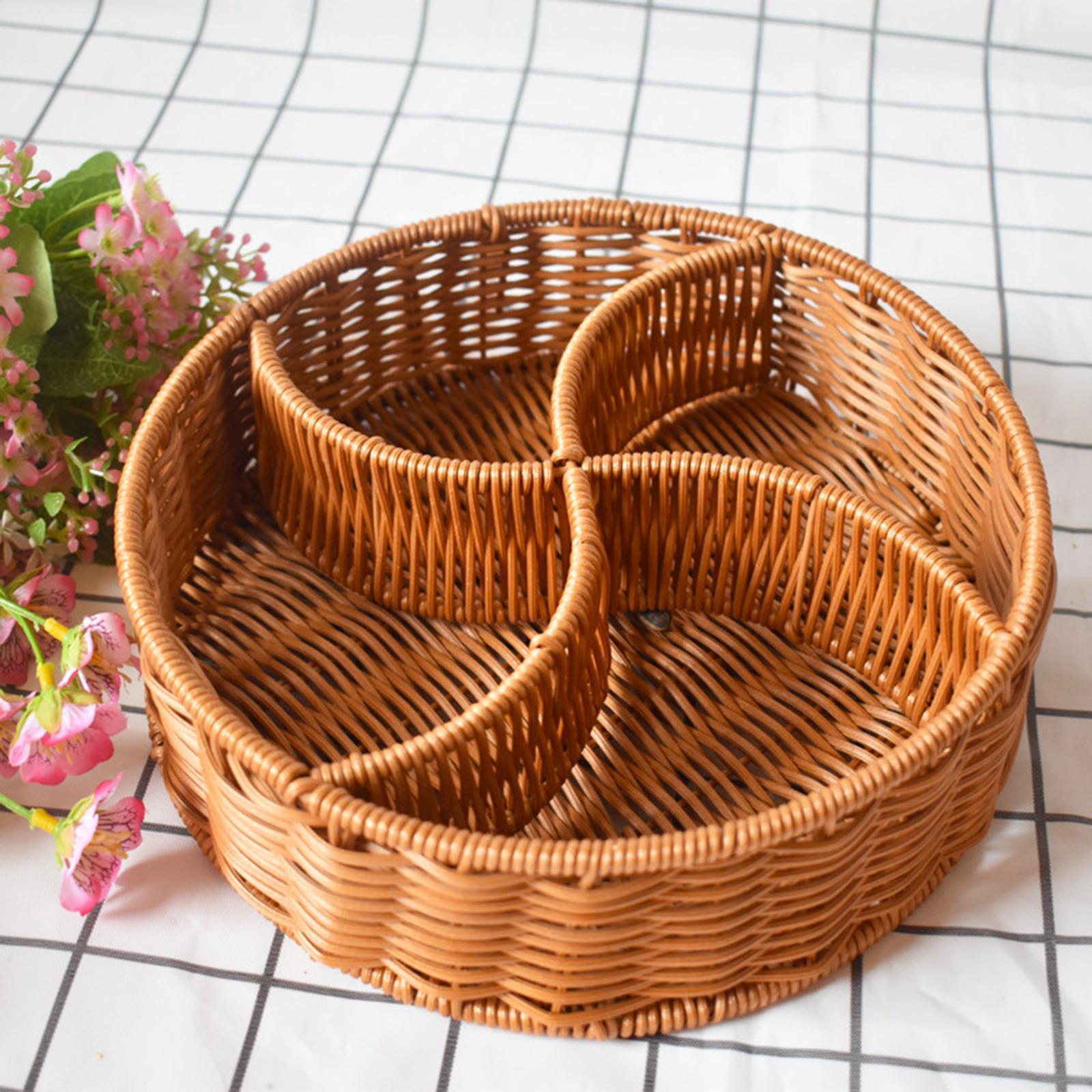 Hand Woven Serving Basket Food Storage Tray Divided Dividers Candy Serving Tray Round Fruit Basket for Hotel Breakfast Pantry