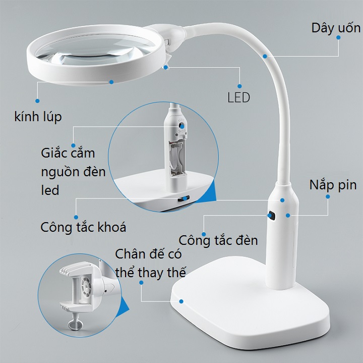 Kính lúp để bàn có đèn tích hợp kẹp bàn đa năng K7763