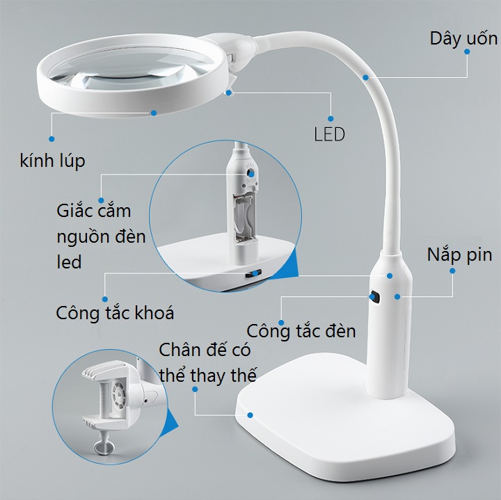 Kính lúp thông minh sửa chữa,đọc sách báo để bàn có 6 đèn LED (Tặng 2 nút kẹp cao su giữ dây điện -Màu ngẫu nhiên)