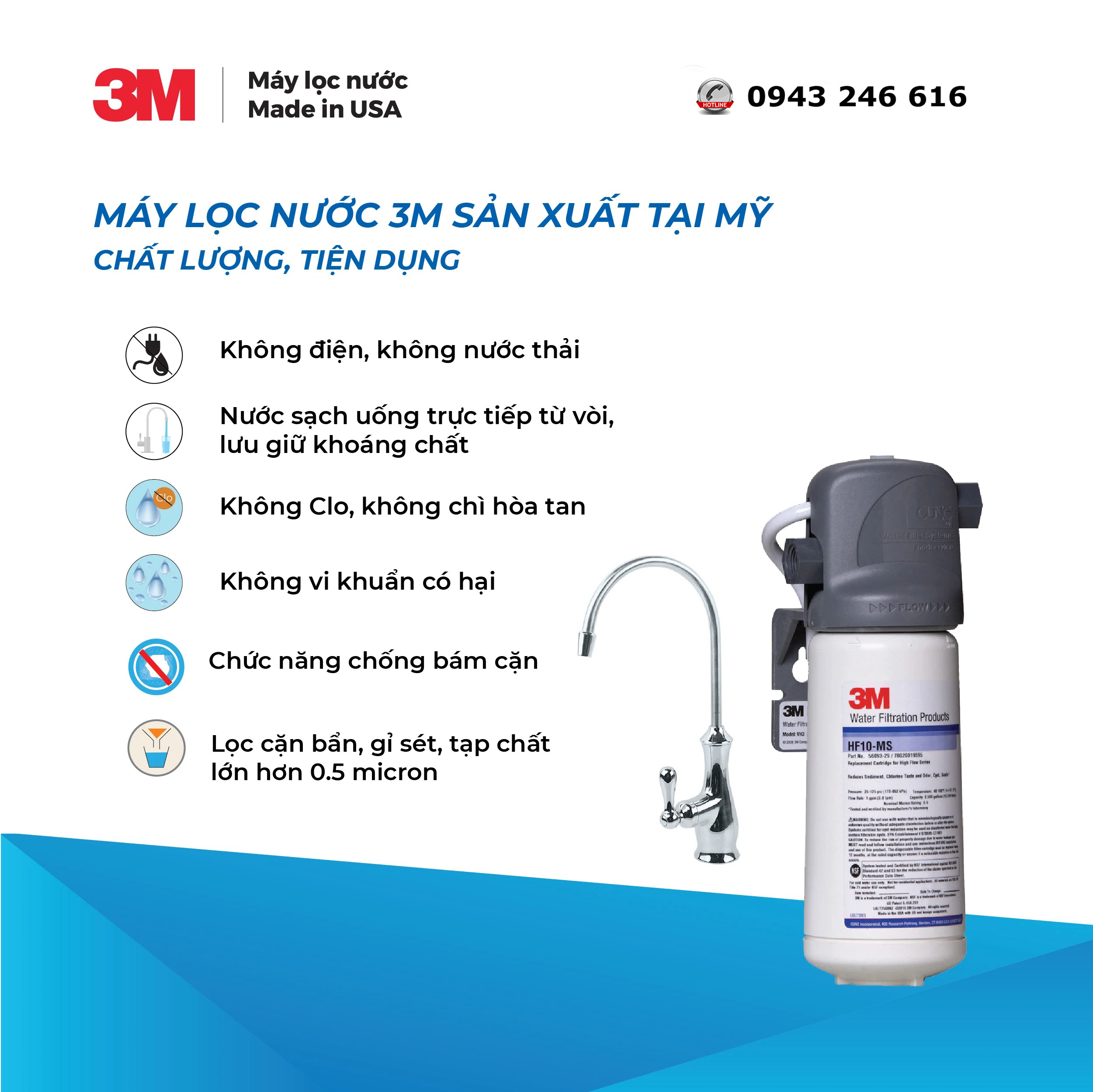 Máy lọc nước 3M brew 110ms kèm vòi - Hàng nhập khẩu Mỹ - Công suất cao, không điện