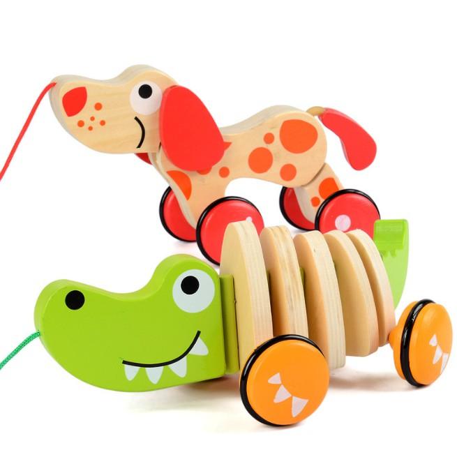 Đồ chơi xe kéo gỗ chú chó, cá sấu lúc lắc siêu đáng yêu cho bé
