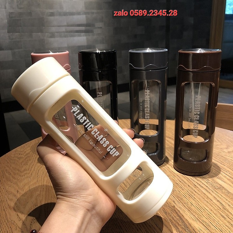 Bình Nước 2 Lớp Class Cup Lõi Thủy Tinh Nhựa PP Bên Ngoài Chống Rơi Vỡ Có Ngăn Lọc Trà Dung tích 400ml