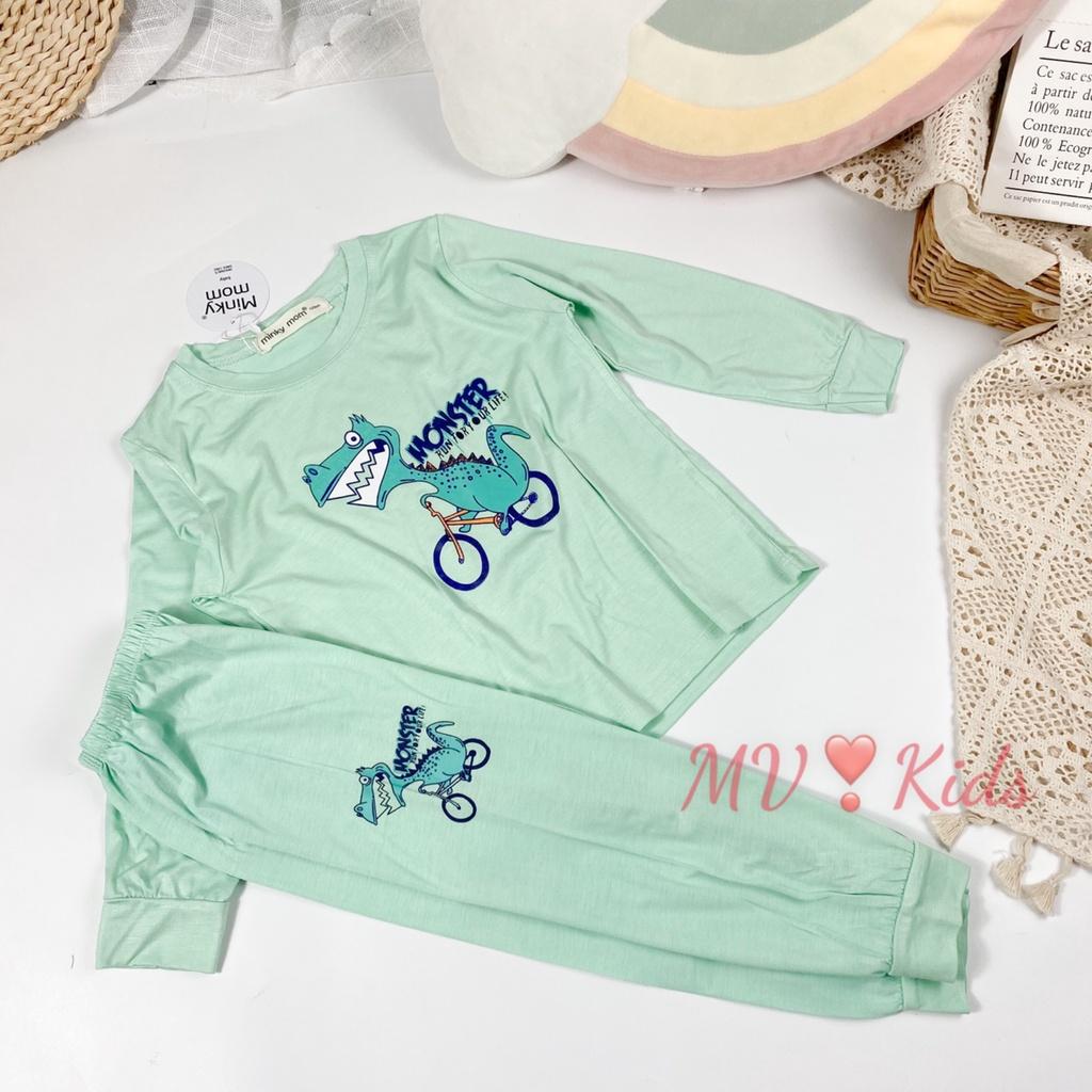 Bộ Quần Áo Bé Gái, Bé Trai Minky Mom Vải Thun Lạnh Khủng Long Đạp Xe MKDTL04