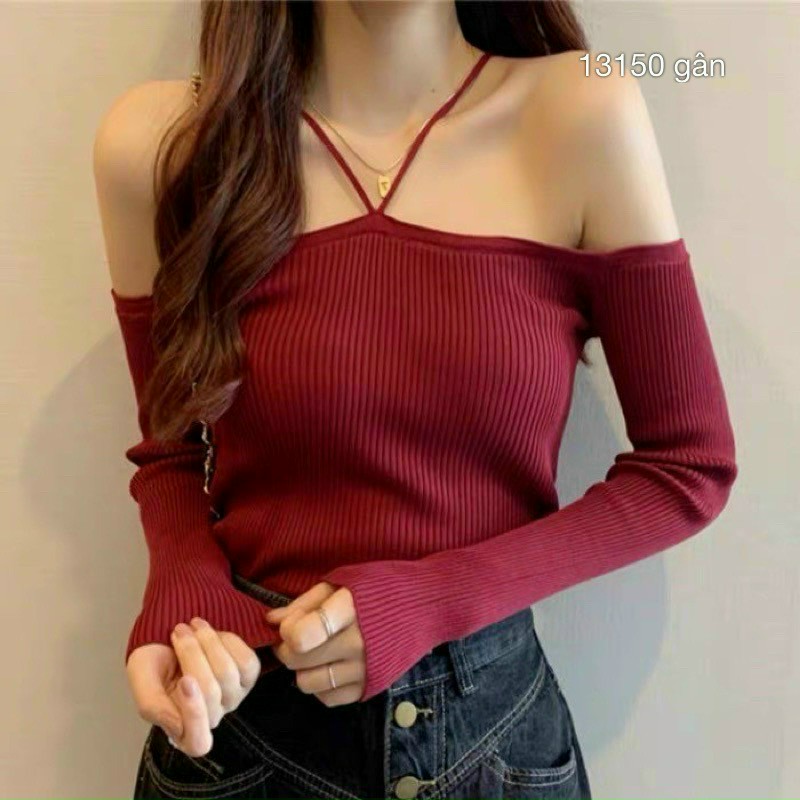 Áo thun gân cổ dây yếm trễ vai