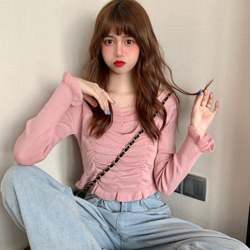 Áo Dệt Kim Tay Dài Cổ Vuông Màu Trơn Thanh Lịch