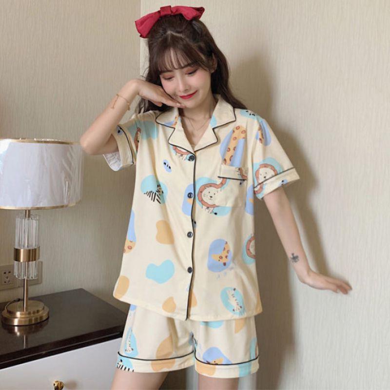 Bộ Quần Áo Ngủ Tay Ngắn Dáng Rộng In Hình Xinh Xắn Hợp Thời Trang Hè Cho Bạn Gái