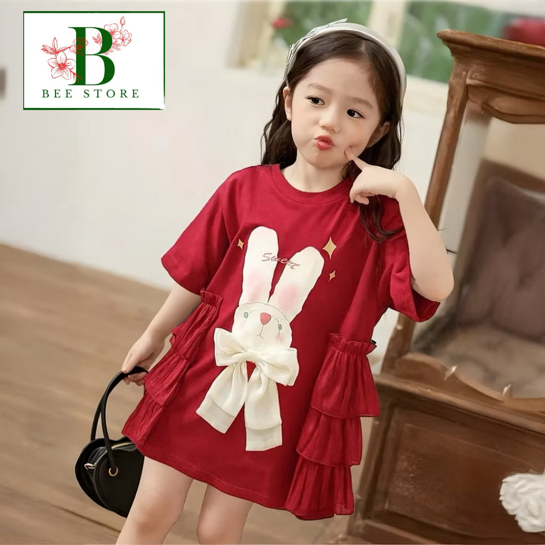 Đầm Công Chúa – Đầm Dự Tiệc Bèo Tầng In Thỏ Gấu , Nơ Bản To Từ 10-36 kg Dành Cho Bé Gái