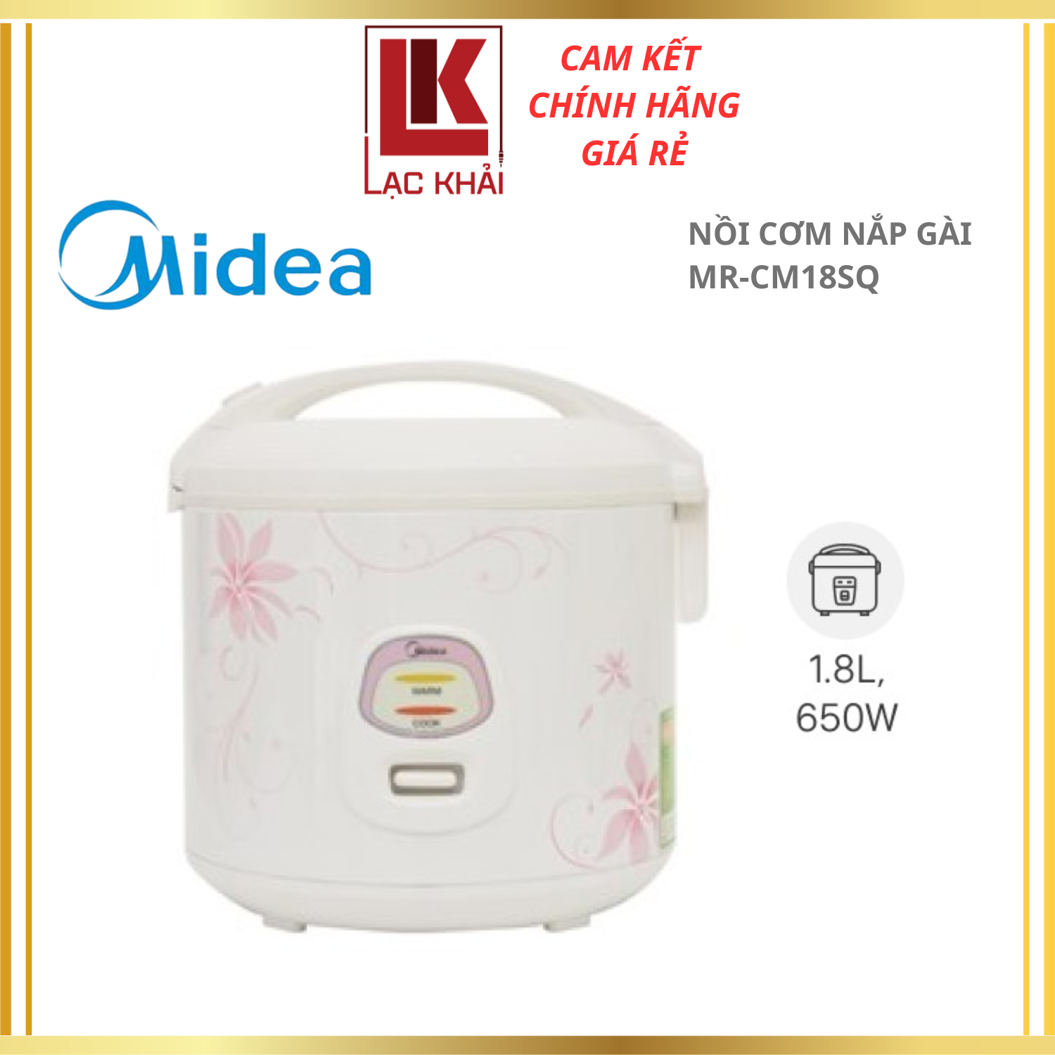 Nồi cơm nắp gài Midea 1.8 lít MR-CM18SQ, Chống dính, công nghệ nấu 1D - Hàng chính hãng - Bảo hành 12 tháng