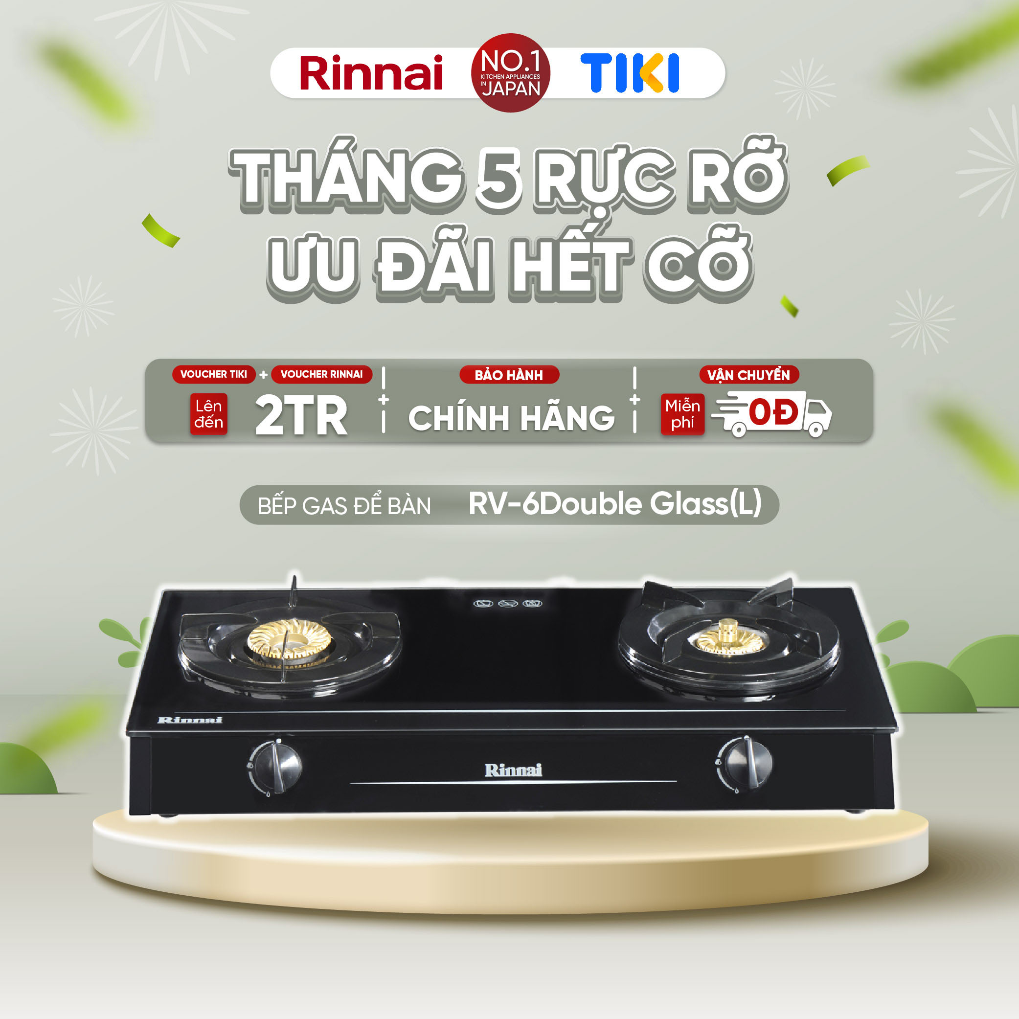 Bếp gas dương Rinnai RV-6Double Glass (Sp) mặt bếp kính và kiềng bếp men - Hàng chính hãng
