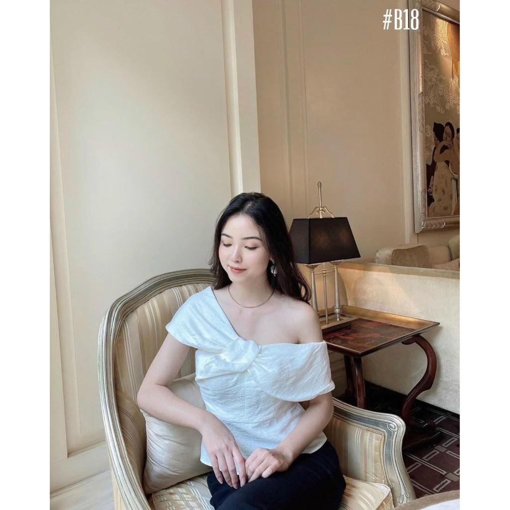 Áo Lệch Vai Tone trắng vải linen xước tiểu thư