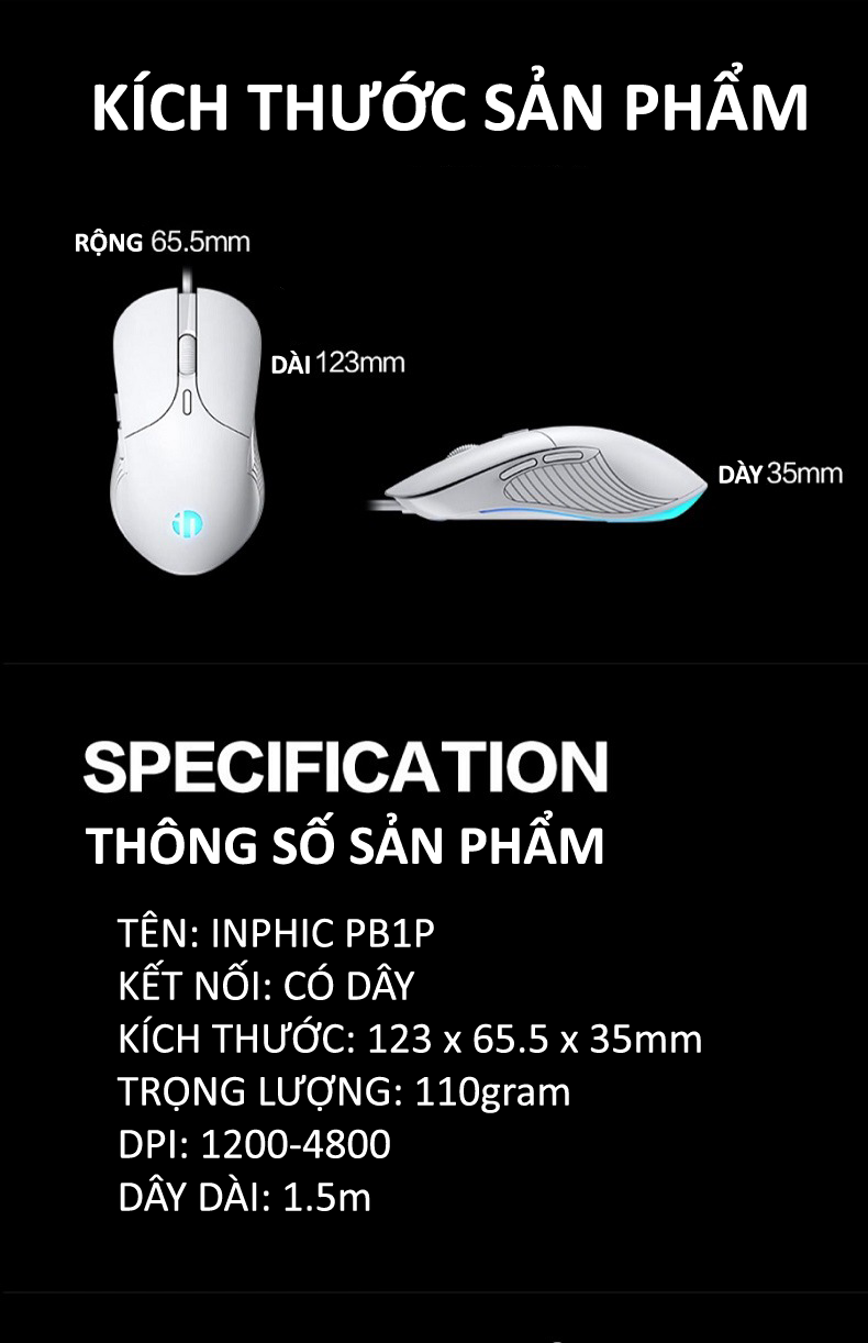 Chuột có dây INPHIC PB1P 6 nút với độ DPI lên đến 4800 phù hợp chơi game cho game thủ chuyên nghiệp, làm việc văn phòng, photoshop - Hàng Chính Hãng