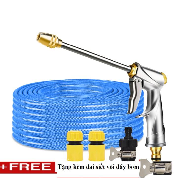 Bộ dây vòi xịt nước rửa xe, tưới cây , tăng áp 3 lần, loại 20m 206701-2 đầu đồng,cút,nối đen +  đai