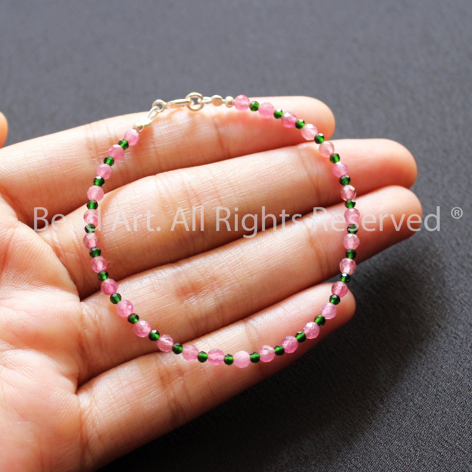 Vòng Tay 3MM Tourmaline Hồng Loại AAA Và Đá Lục Bảo , Mệnh Hoả, Thổ, Vòng Tay Phong Thuỷ, Lắc Tay - Bead Art