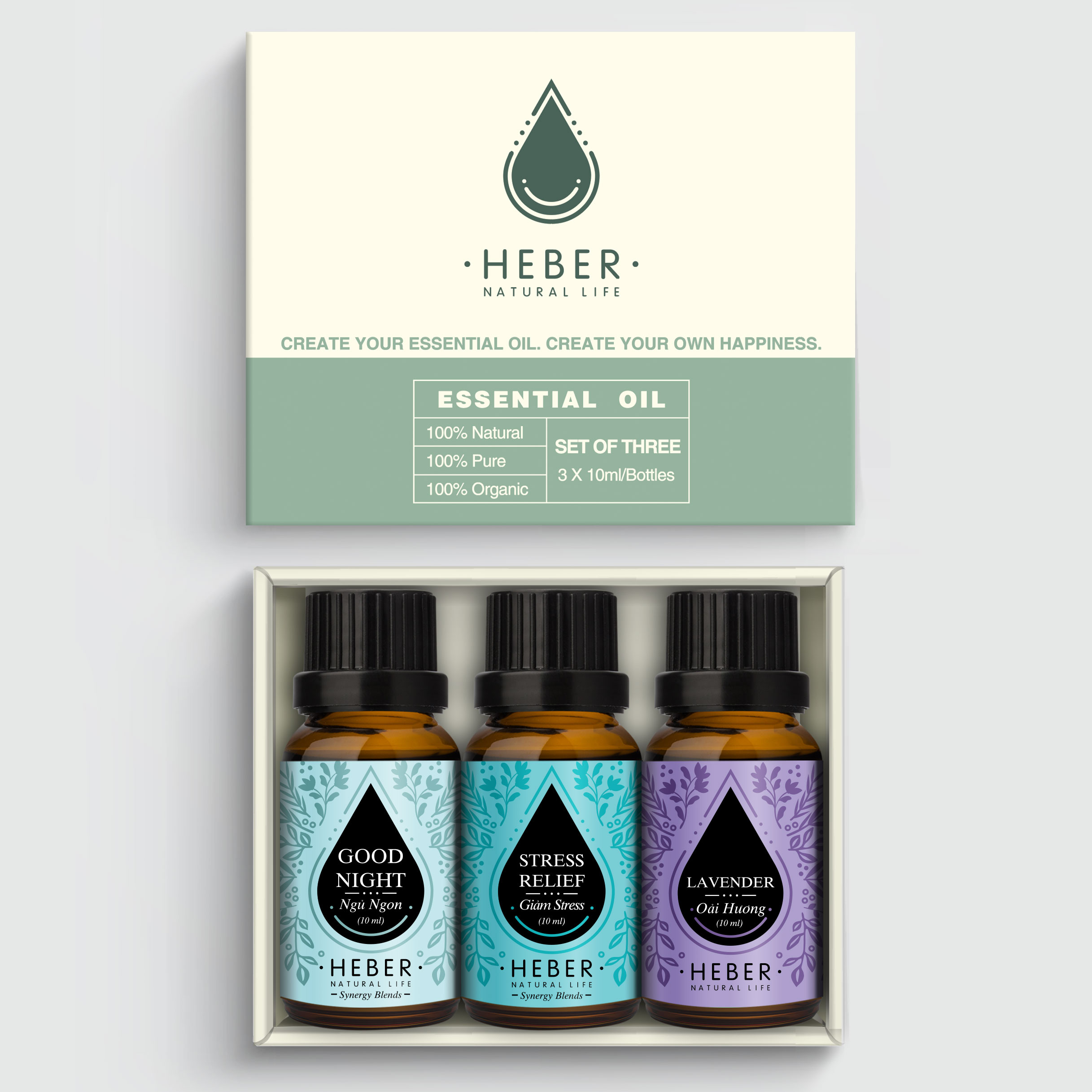 Set 3 Chai Tinh Dầu Xông Phòng Ngủ Heber Natural Life | Ngủ Ngon - Oải Hương - Giảm Stress | 100% Thiên Nhiên Nguyên Chất l 10ml