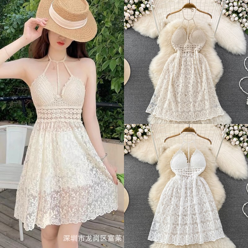 HÀNG QUẢNG CHÂU - ĐẦM XÒE LEN PHỐI REN CỔ YẾM MẶC ĐI BIỂN SIÊU SEXY - D162177