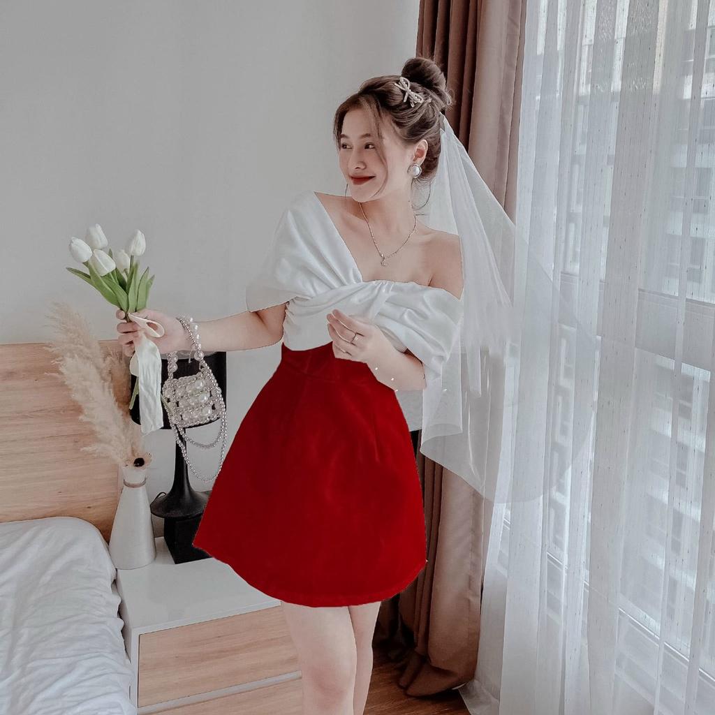 Đầm đỏ 2 dây trễ vai xoắn nơ ngực váy cưới cô dâu mẫu nina lê dự tiệc