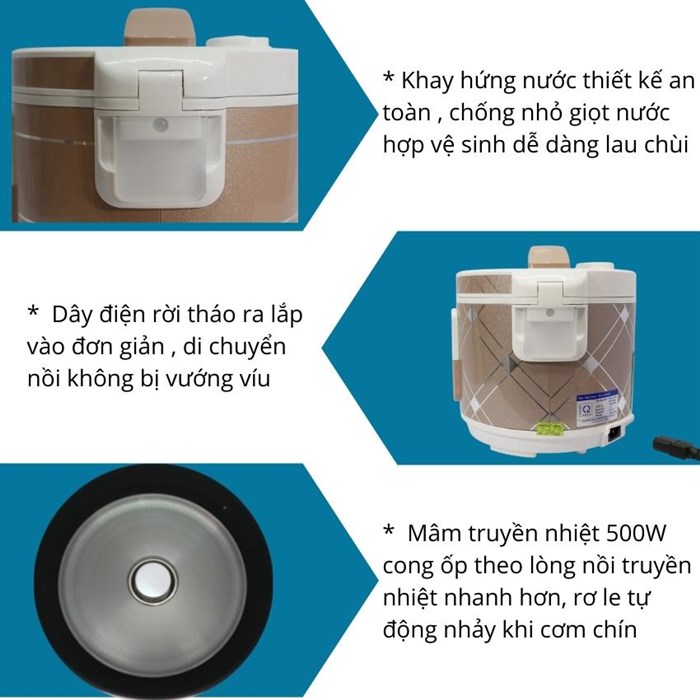 Nồi cơm điện mini nắp gài hàng chính hãng Hiệp Hưng Cao Cấp HHCC-02 Bevano,lòng nồi cơm nhỏ 1.2L chống dính không dính đa năng, giữ ấm lên đến 12h, tiết kiệm điện năng