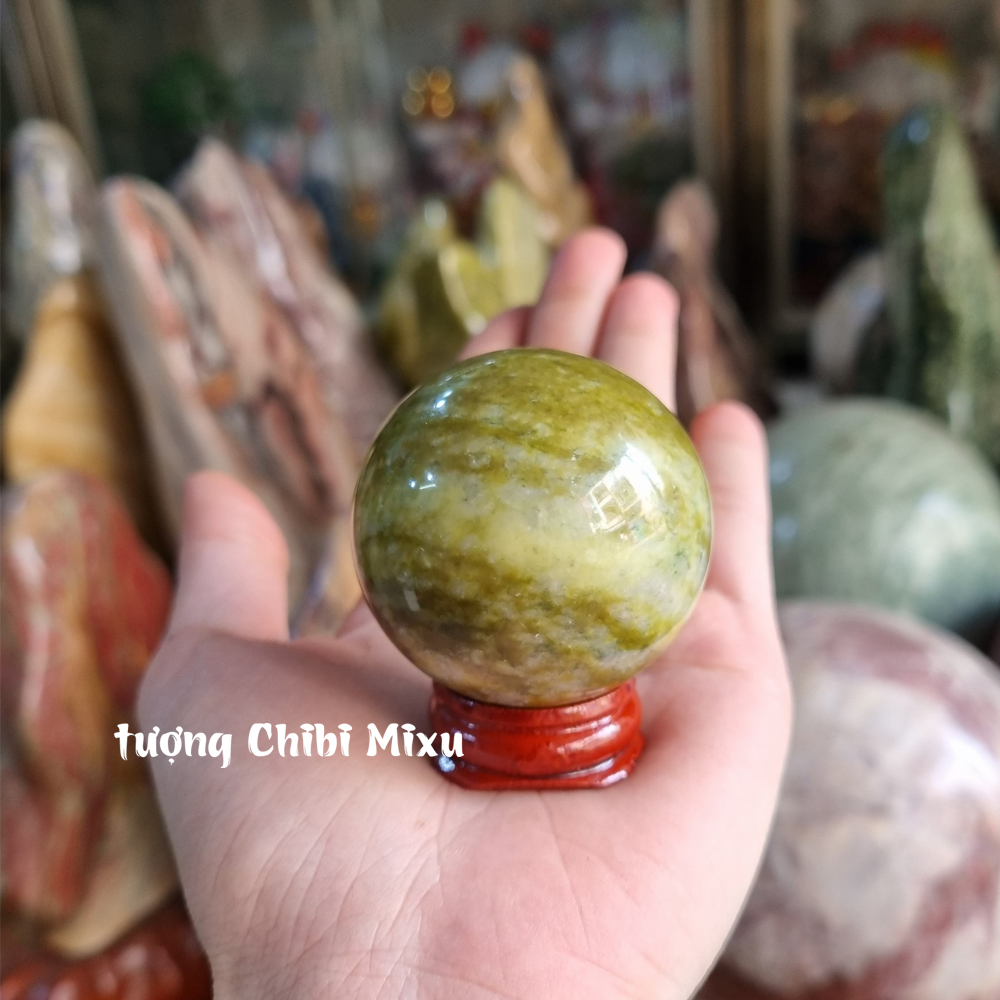 Bi cầu phong thủy đá Serpentine xanh cốm 4.5-5cm cho người mệnh Mộc và Hỏa đá Việt Nam