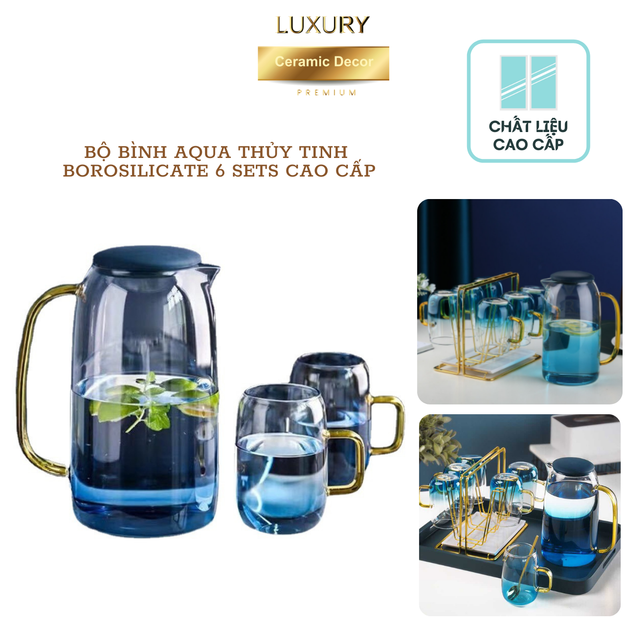 Bộ Ly Thủy Tinh AQUA Trụ Tròn BOROSILICATE Cao Cấp Chịu Nhiệt Cao 6 Sets DECOR LUXURY - Hàng Nhập Khẩu