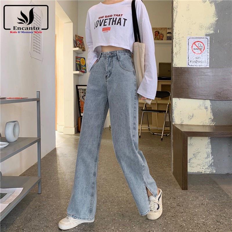 Quần bò nữ xuông ulzzang jean ống rộng form basic cạp cao họa tiết trơn dễ phối đồ có bigsize