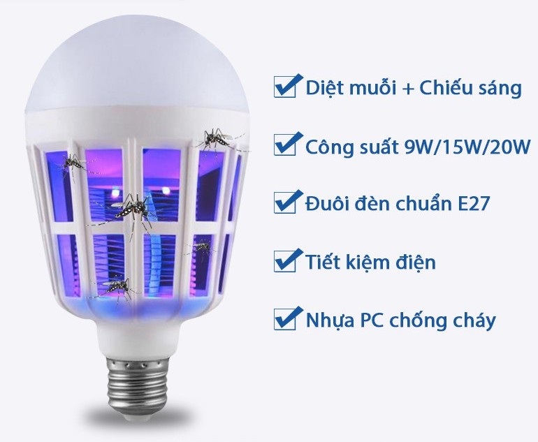 Bóng đèn LED 15w, đui E27 AC 150-220V, chức năng chiếu sáng kiêm sát thủ diệt muỗi và côn trùng