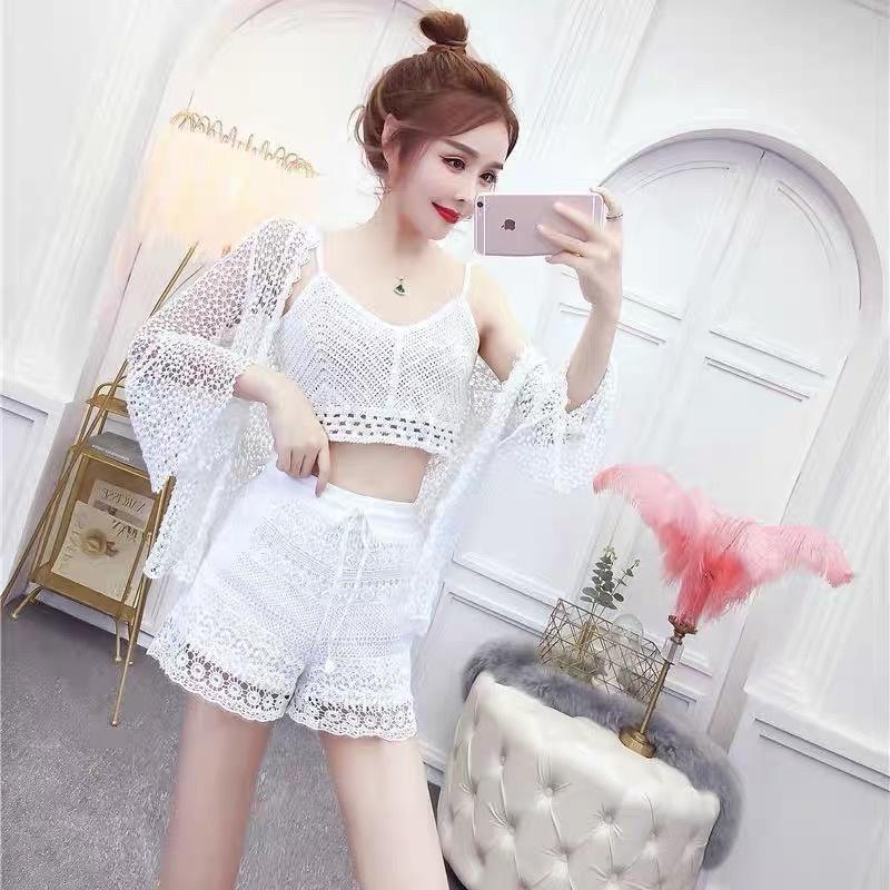 MS608 Quần short nữ ren hoa đan móc cạp chun đi biển