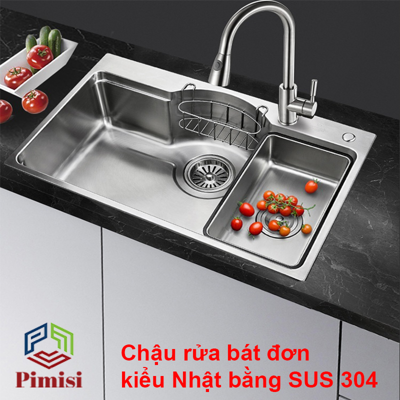 Chậu Rửa Bát INOX 1 Hố Lớn Pimisi Làm Từ Thép Không Gỉ SUS 304 Cao Cấp Kiểu Bán Nguyệt Ngăn To 1 Hố KT 7546 Và 7848, Kèm 1 Khay Bồn Rửa Chén Nhỏ Đơn Gác Bồn Sang Trọng Với Đầy Đủ Phụ Kiện Xi Phông Siêu To, Gắn Được Âm - Dương Bàn Đá Bếp | Hàng Chính Hãng