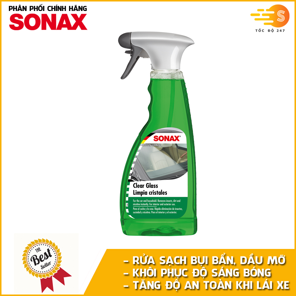 Chai xịt rửa kính, gương, đèn xe siêu sạch Sonax 338241 500ml - Rửa sạch vết bẩn, dầu mỡ, khôi phục lại độ trong suốt của kính