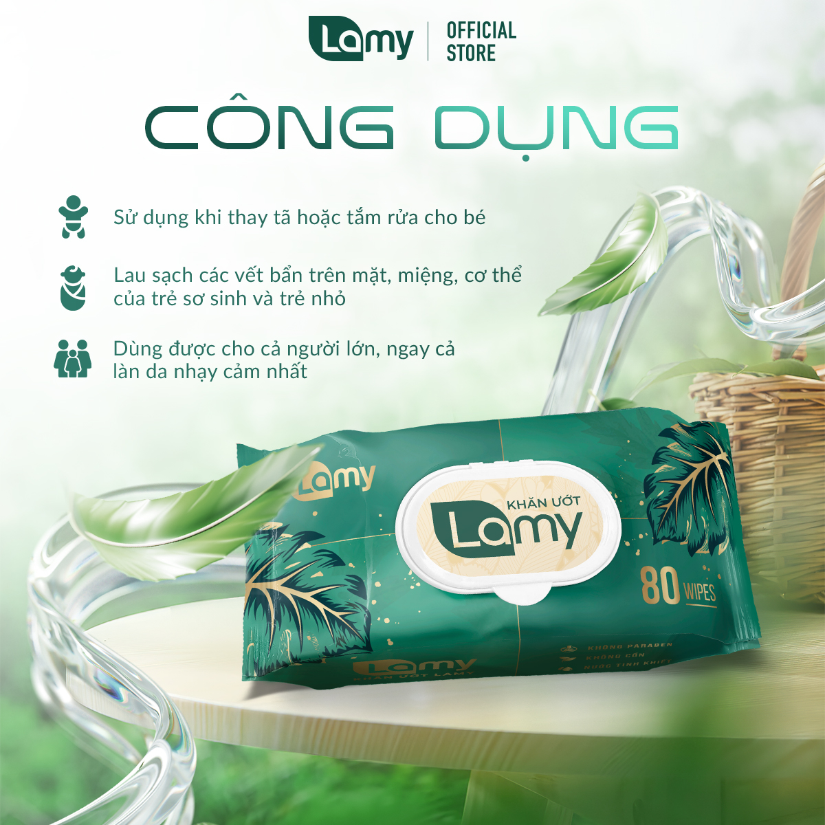 Khăn ướt Lamy gói 80 tờ không mùi không cồn không chất tẩy trắng an toàn cho bé