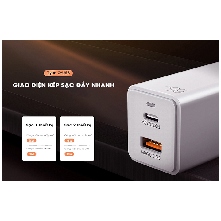 Cốc Sac Nhanh Remax RP-U50 GaN 65W tích hợp 01 cổng USB A và 01 cổng USB C - RP-U50 - Hàng nhập khẩu