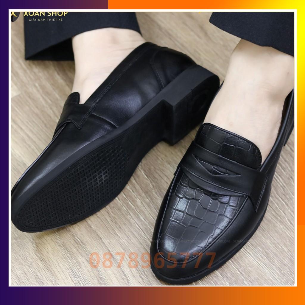 Giày Lười Nam Đẹp Da Bò Dập Vân Cá Sấu Mã G046 Màu Đen