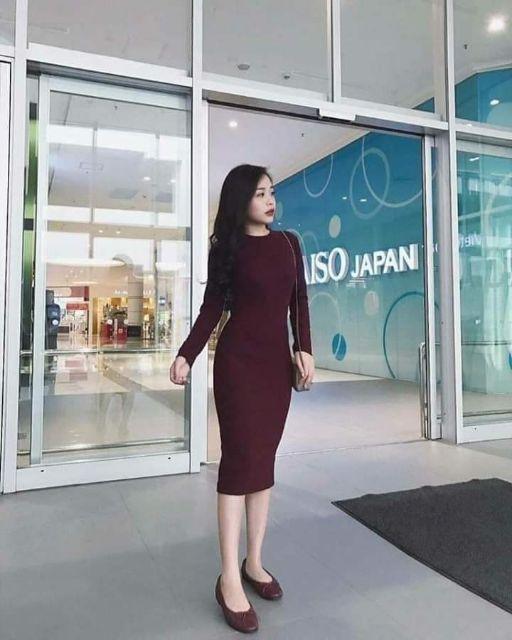 Đầm tay dài thun gân